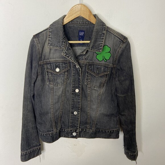Gap Woman L Black Denim Girl Pwr Drinking Patches Jacket Irish Grunge Biker - Picture 2 of 9